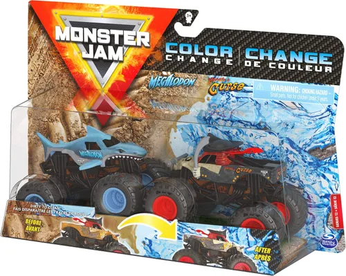 Vista 5 de Monster Jam Megalodon vs Pirate's Curse - Camiones que cambian de color a escala 1:64, paquete doble para niños de 3 años en adelante