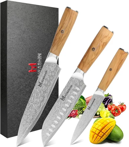 Vista 8 de Juego de cuchillos de cocina de acero inoxidable alemán, 3 piezas, cuchillo de chef de alto carbono, mango ergonómico de madera