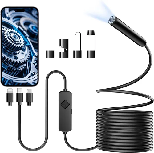 Vista 8 de Cámara endoscopio de doble lente con luz, boroscopio HD 1920P con 8 LED ajustables, cable de serpiente semirrígido de 16.4 pies, cámara