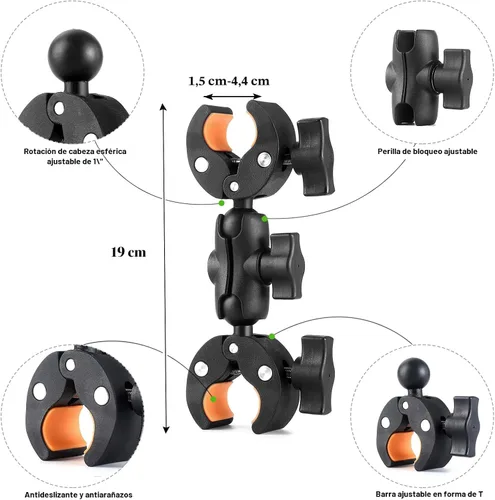 Vista 2 de Abrazadera para silla con doble abrazadera para cámara with 360° Magic Arm Double Ball Head Adapter for Umbrella, Wheelchair, Pole, Strollers