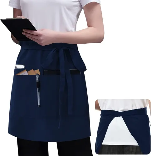 Vista 7 de ROTANET Delantal negro con 3 bolsillos de 18 pulgadas de largo para camarera bistró delantales de media cintura para mujeres y hombres impermeables