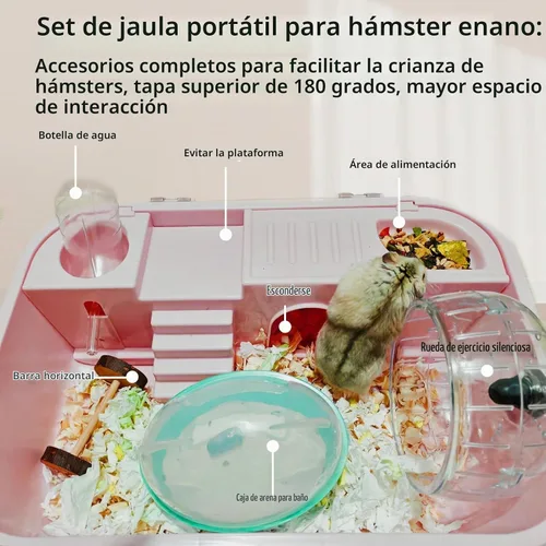 Vista 3 de Kit de jaula para hámster 9 en 1, transportador de viaje para hámster enano Rosa