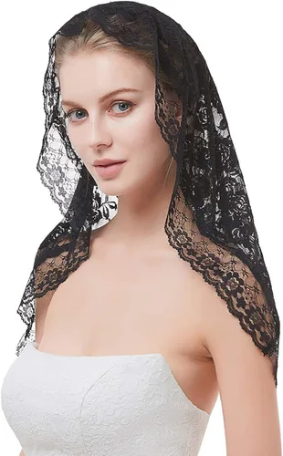 Vista 3 de Negro Mantilla velo de encaje blanco velos de iglesia capilla católica bufanda cubierta de cabeza para la masa latina