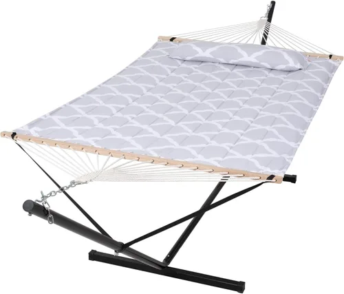 Vista 17 de SUNCREAT Hammocks Hamaca doble extragrande con soporte de 12 pies, capacidad de 475 libras, hamaca portátil al aire libre con barra separadora