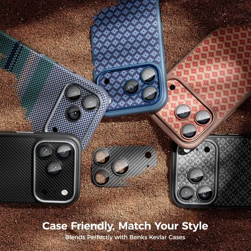 Vista 7 de BENKS ArmorWarrior - Protector de lente de cámara para iPhone 17 Pro, vidrio templado recubierto de AR con fibra de aramida, resistente a