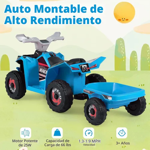 Vista 7 de Costzon Juguete ATV 2 en 1 6V para niños pequeños (con remolque, azul)