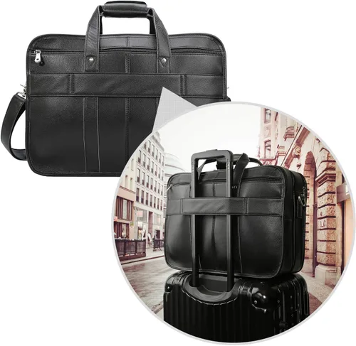 Vista 5 de Maletín de cuero de grano completo para hombre grande de 17 pulgadas de viaje de negocios bolsa de mensajero portátil con cremalleras de metal YKK