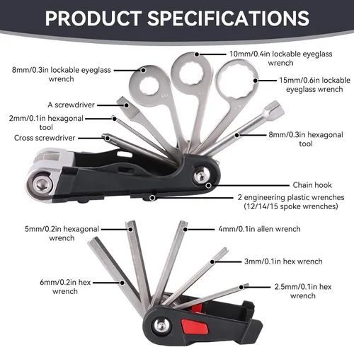 Vista 4 de Herramienta para bicicleta, multiherramienta 16 en 1, multiherramienta para bicicleta de montaña, portátil, plegable, kit de reparación de ciclismo