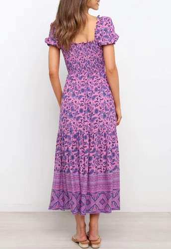 Vista 4 de ZESICA - Vestido de verano largo para mujer, diseño acampanado con cuello cuadrado y volantes, estampado floral y bohemio, para la playa