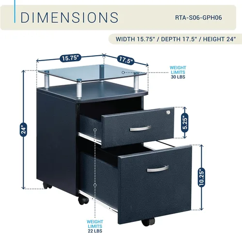Vista 3 de Archivador rodante de 2 cajones con cerradura y parte superior de cristal, archivador debajo del escritorio con ruedas, soporte para impresora
