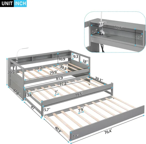 Vista 2 de DEINPPA Sofá cama individual XL de triple capa con cubos de almacenamiento y luz de lectura, cama nido de madera con dos nidos adicionales