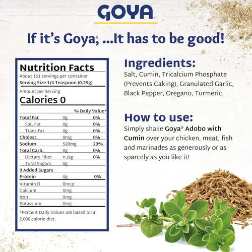 Vista 2 de Goya Adobo con comino, sazonador para todo uso, 8 oz Poultry, Seafood, Meat, And Vegetable Seasoning, Latin Spice Blend, Mexican Seasoning, For