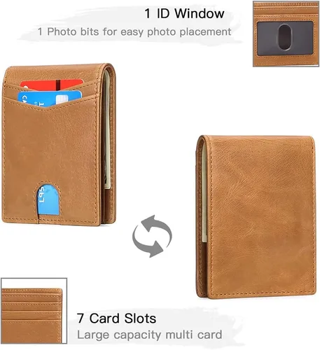 Vista 4 de FALAN MULE Billetera para hombre delgada con bloqueo RFID y bolsillo frontal plegable de cuero para hombres, AB_Caqui, Moda