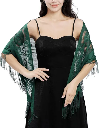 Vista 2 de Ladiery Chales de encaje triangular y envolturas para vestidos de noche con borlas para fiesta de noche, chales de malla de boda