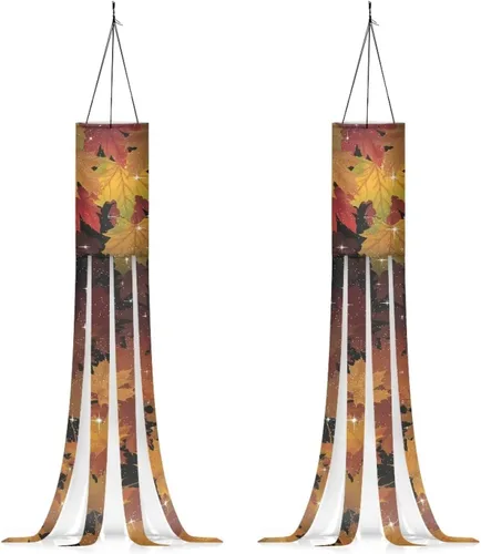 Vista 18 de Hojas de arce coloridas de otoño, 2 piezas, manga de viento colgante, ligera, lavable a máquina, tela de poliéster, patio, césped, jardín, árbol