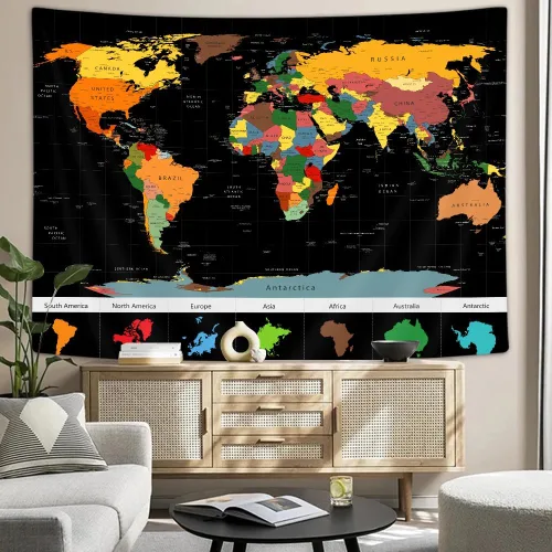 Vista 6 de Xguatan Tapiz de mapa del mundo para niños y estudiantes, mapa del mundo vintage, países educativos, ciudades, tapiz colgante de pared para aula
