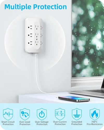 Vista 6 de Extensor de 9 salidas de CA, toma de pared de enchufe múltiple con USB C Plug Adapter with USB Wall Charger (2 USB-C Ports), Surge Protector Power