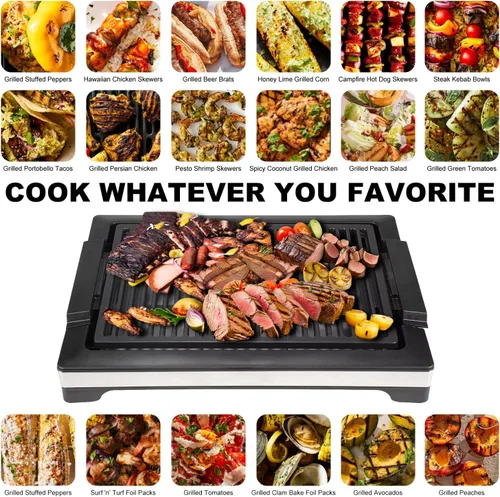 Vista 5 de Parrilla eléctrica portátil sin humo, 5 niveles de temperatura ajustable y asas de tacto frío, parrilla de barbacoa de 1600 W, tamaño medio