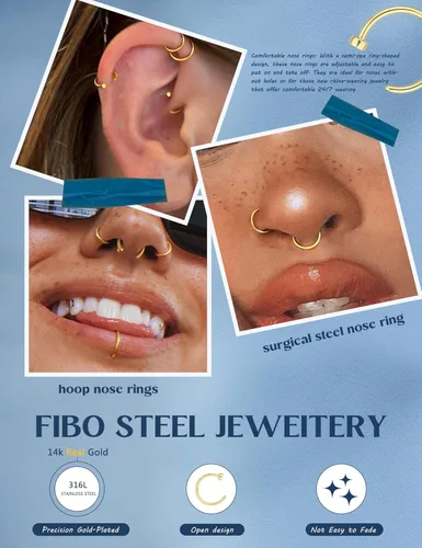 Vista 16 de FIBO STEEL - 5 piezas de acero inoxidable, 18G a 22G, joyería corporal, piercing de nariz para mujer