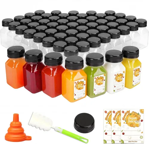 Vista 10 de TOMNK 100 botellas de plástico de 2 onzas con tapas, recipientes reutilizables transparentes para bebidas a granel para inyección de jengibre, jugo