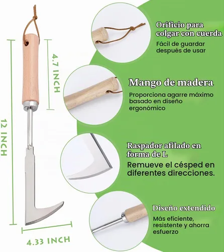 Vista 2 de Desbrozadora de grietas, herramienta de deshierbe de acero inoxidable de 12 pulgadas con mango de madera, espátula extractora de malezas
