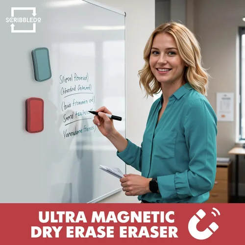 Vista 4 de SCRIBBLEDO Magnetic Whiteboard Dry Erase Erasers 2 Pc, 2x4 Inch Eraser Set with Washable Soft Felt Pads, Comfortable Foam Grip Tops and Strong Dual
