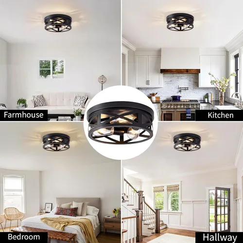 Vista 7 de Lámpara de techo de granja de montaje empotrado de 13 pulgadas color negro - Iluminación de pasillo de 3 luces con base E26, ideal para cocina