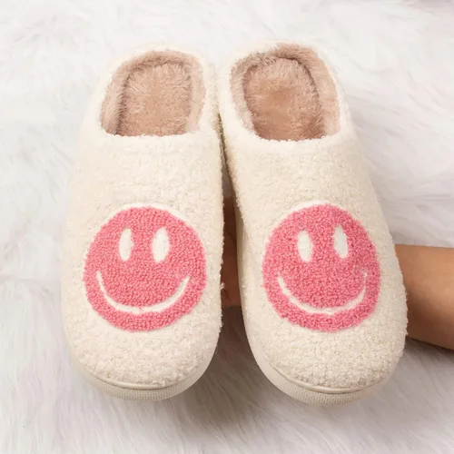 Vista 3 de DepiYorSn Happy Face - Pantuflas retro acogedoras y cómodas de felpa cálidas, pantuflas de invierno suaves y mullidas para interiores con espuma