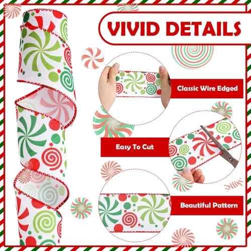 Vista 4 de Berlune 2 rollos de cinta de Navidad con borde de alambre de menta caramelo de 2.5 pulgadas de ancho, cinta de arpillera para manualidades, coronas