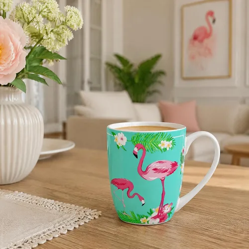 Vista 6 de Taza de porcelana de hueso flamenco de 12.5 oz con plantas tropicales Porcelana de hueso ligera, ideal para los amantes del flamenco, taza de café