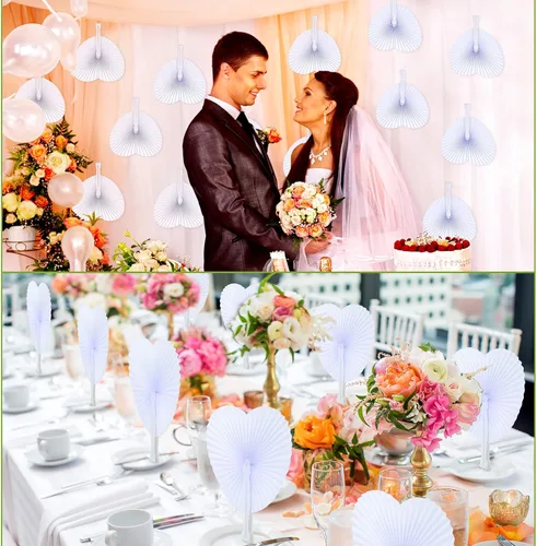 Vista 7 de Yulejo Paquete de 100 abanicos de papel plegables de boda a granel con forma de corazón blanco plegable personalizado con asas de plástico