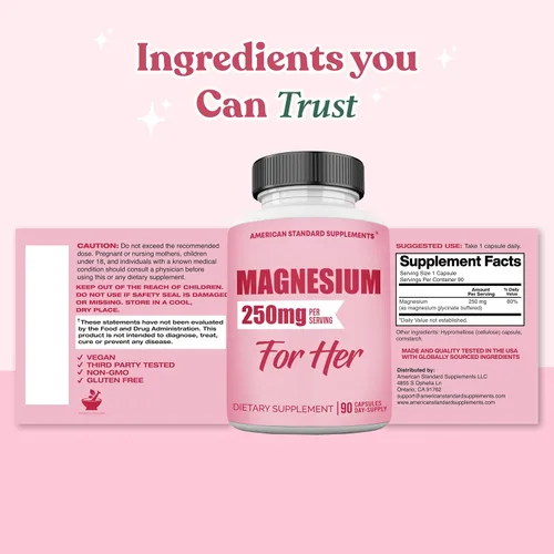 Vista 7 de Glicinato de magnesio para mujeres 250mg por una cápsula, glicinato de magnesio quelatado para ella, 90 cápsulas, suministro de 90 días