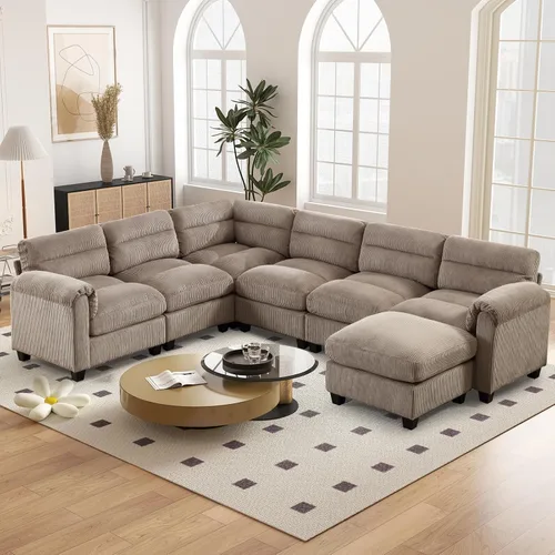 Vista 95 de HAOMARKETS Sofá esquinero modular en forma de L de 115 pulgadas con 2 otomanas móviles, sofás de pana de 8 plazas con cojín grueso para sala de Beige