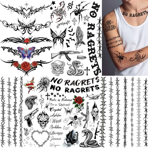 Vista 21 de VANTATY 66 hojas de tatuajes temporales negros pequeños en 3D para mujeres y hombres, impermeables, calcomanías falsas para rostro, cuello, brazo