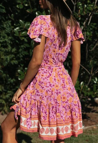 Vista 4 de ZESICA - Vestido corto con cuello en V cruzado para mujer, estampado floral bohemio, con vuelos, acampanado, vestido de verano 2024 para la playa