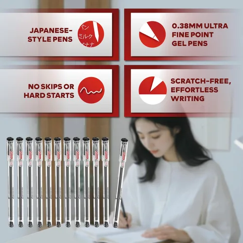 Vista 2 de XFasten Bolígrafos de punta extra fina de 0.015 in, paquete de 24 bolígrafos de tinta de gel de estilo japonés negro, flujo de tinta suave, sin