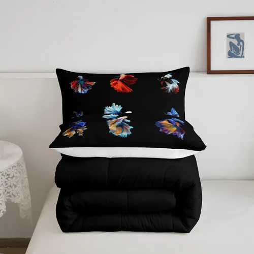 Vista 5 de Betta - Juego de ropa de cama de peces siameses coloridos de lucha contra el agua, juego de edredón de animales submarinos para niños y adultos