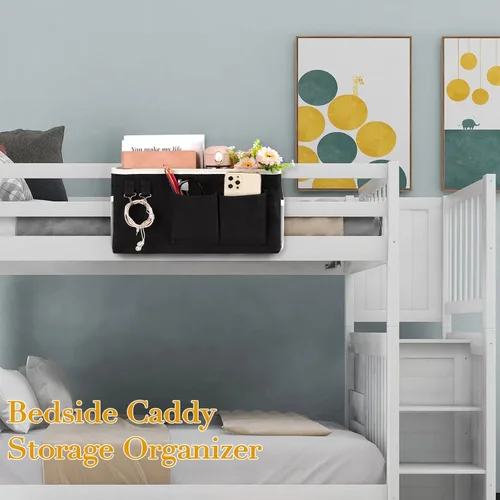 Vista 3 de Organizador de Almacenamiento para Mesita de Noche/Bolsa de Almacenamiento Colgante para Mesita de Noche para Cabeceros, Literas, Dormitorios, Negro