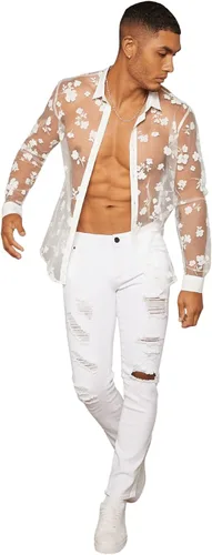 Vista 5 de Floerns Camiseta de manga larga transparente con botones y cuello frontal para hombre