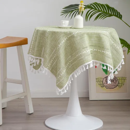 Vista 10 de Mantel Redondo Pequeño de Lino Rústico para Mesita de Noche con Rayas Bordadas Lavable Azul Cubierta de Mesa Estilo Granja con Puntadas y Borlas