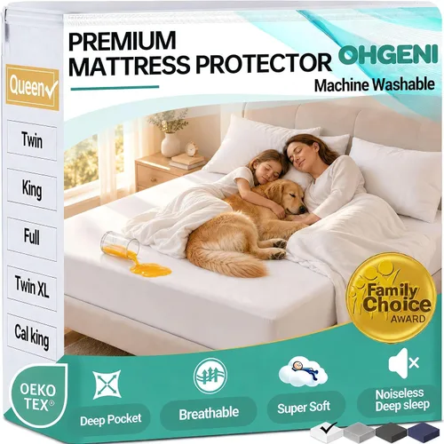 Vista 27 de OhGeni - Protector de colchón impermeable, tamaño Queen, con bolsillo profundo de 6 a 18 pulgadas, transpirable, sin ruido, suave, lavable, a prueba