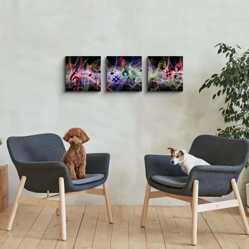 Vista 5 de 3 piezas de lienzo musical para pared, impresiones de notas musicales abstractas, coloridas ilustraciones de ondas sonoras, claves agudas