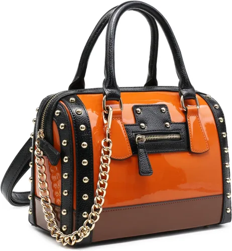 Vista 10 de Dasein Bolso Barrel para Mujer de Cuero Sintético de Charol Brillante con Decoración de Remaches Asa Superior Cartera Bolso de Hombro Azul más grande