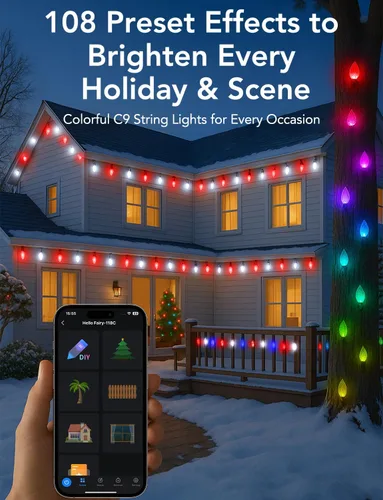 Vista 4 de Popotan C-9 Luces LED de Navidad para Exteriores, 33 Pies 50 LEDs Luces de Cadena RGB Inteligentes con Control Remoto de Aplicación, 108 Modos