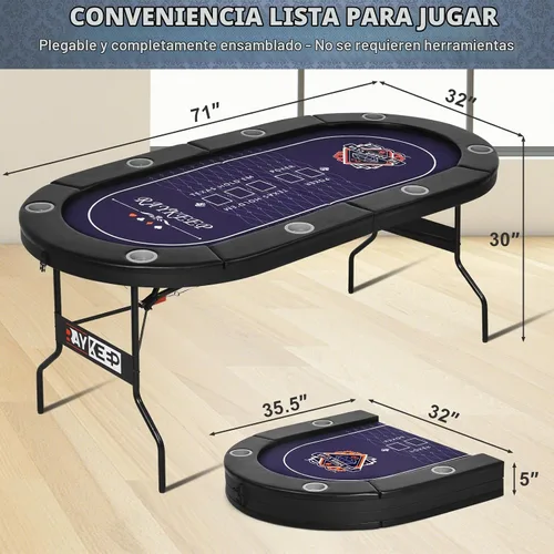 Vista 7 de RAYKEEP Mesa de póquer plegable, mesas de póquer plegables para 8 jugadores con patas plegables, fieltro de grado casino, rieles acolchados y 71