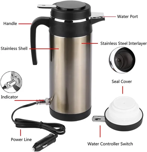 Vista 5 de Calentador de agua para automóvil de 12 V, calentador de taza de viaje de calentamiento rápido, acero inoxidable, eléctrico, 40.6 fl oz