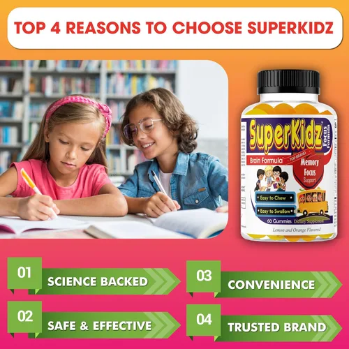 Vista 4 de Superkids - Gomitas de enfoque para niños con Omega 3 DHA, gomitas de apoyo cerebral para niños y adolescentes, gomitas de memoria y concentración
