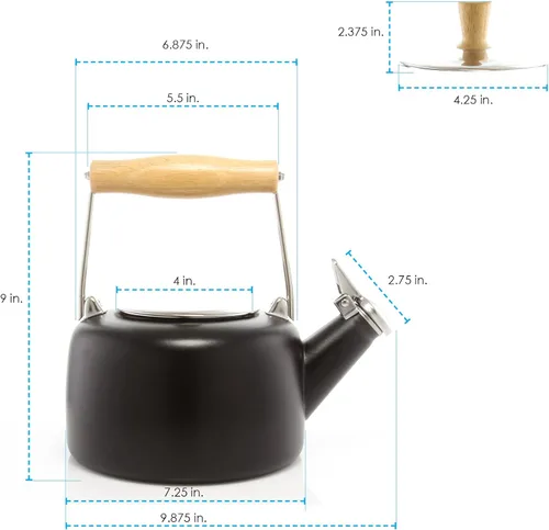 Vista 7 de Chantal SVEN - Tetera silbante esmaltada sobre acero con mango de madera natural, 1.4 cuartos de galón (negro 2)