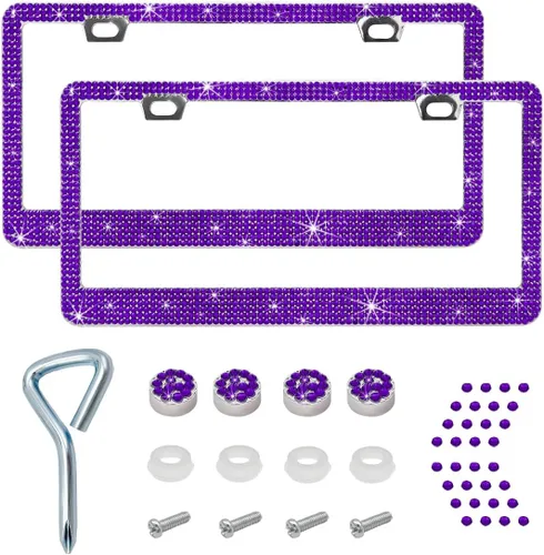 Vista 7 de Ziciner Marco de matrícula brillante, cubierta brillante para placa de matrícula con diamantes de imitación multifacéticos, soporte para placa