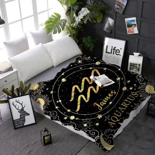 Vista 2 de Manta personalizada de acuario, manta de franela suave con horóscopo, acogedora y ligera para sofá y cama, regalo práctico, unisex, talla XS, 40 x